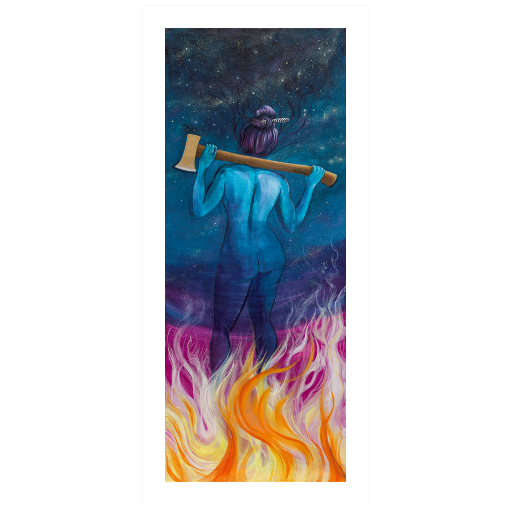 Archival print on matte paper of an ethereal blue impression of a woman standing in fire and resting an ax on her shoulders, overlayed upon a celestial background.