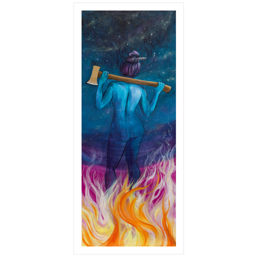 Archival print on matte paper of an ethereal blue impression of a woman standing in fire and resting an ax on her shoulders, overlayed upon a celestial background.