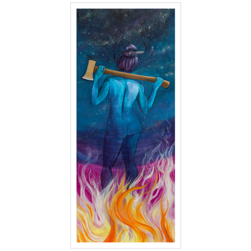 Archival print on matte paper of an ethereal blue impression of a woman standing in fire and resting an ax on her shoulders, overlayed upon a celestial background.