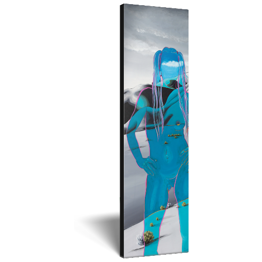 Archival print on canvas of an ethereal blue impression of a woman in a power stance, overlayed upon grey-toned foothills.