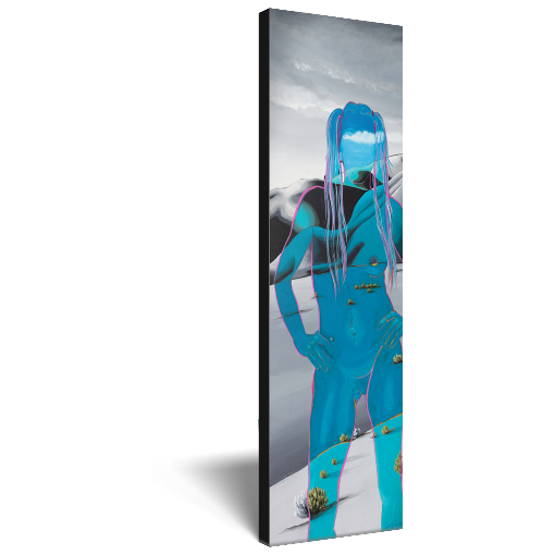 Archival print on canvas of an ethereal blue impression of a woman in a power stance, overlayed upon grey-toned foothills.