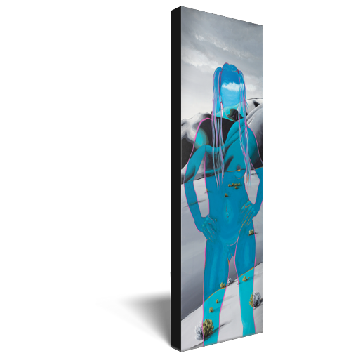 Archival print on canvas of an ethereal blue impression of a woman in a power stance, overlayed upon grey-toned foothills. 