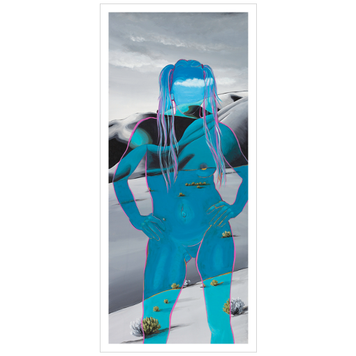 Archival print on matte paper of an ethereal blue impression of a woman in a power stance, overlayed upon grey-toned foothills.