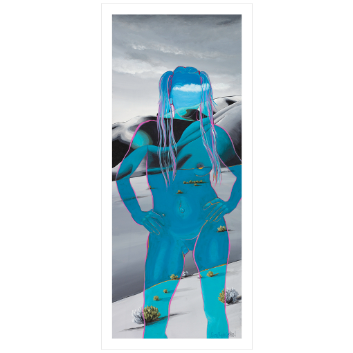 Archival print on matte paper of an ethereal blue impression of a woman in a power stance, overlayed upon grey-toned foothills.