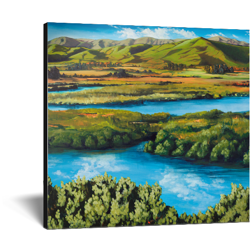 Archival print on canvas of a reflective blue river flowing through a lush green landscape with green foothills in the distance. 