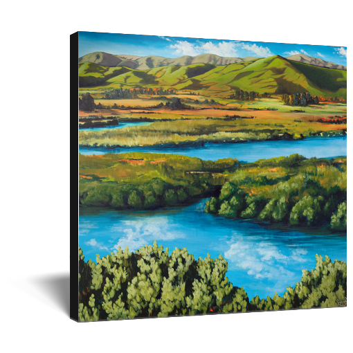 Archival print on canvas of a reflective blue river flowing through a lush green landscape with green foothills in the distance. 