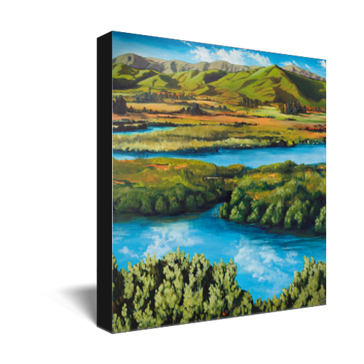 Archival print on canvas of a reflective blue river flowing through a lush green landscape with green foothills in the distance. 