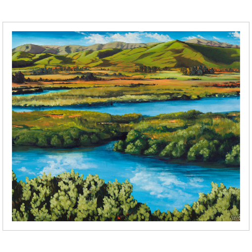 Archival print on matte paper of a reflective blue river flowing through a lush green landscape with green foothills in the distance.