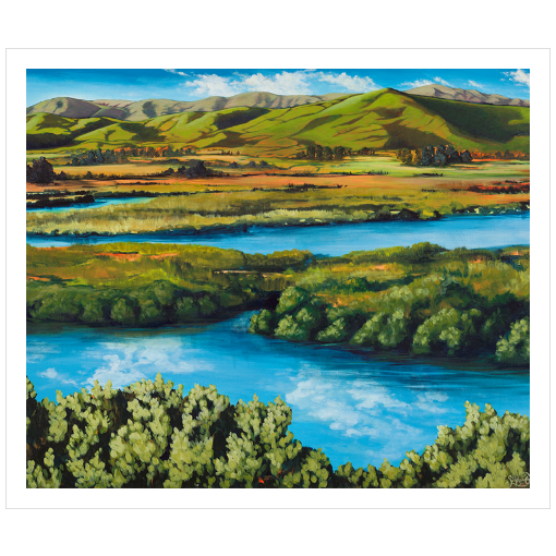 Archival print on matte paper of a reflective blue river flowing through a lush green landscape with green foothills in the distance.