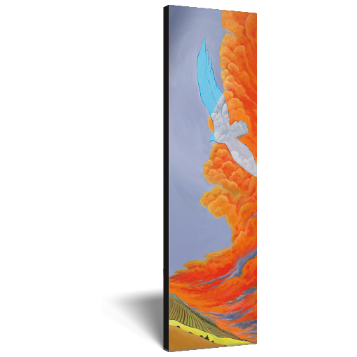 Archival print on canvas of an ethereal impression of a large bird of prey soaring through bright orange clouds over a colorful contemporary landscape. 