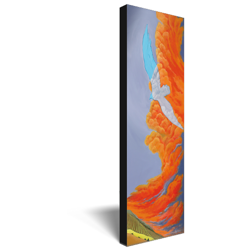 Archival print on canvas of an ethereal impression of a large bird of prey soaring through bright orange clouds over a colorful contemporary landscape. 