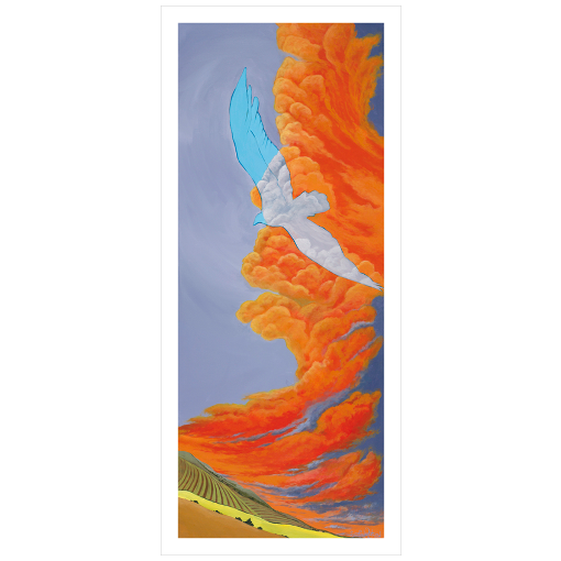 Archival print on matte paper of an ethereal impression of a large bird of prey soaring through bright orange clouds over a colorful contemporary landscape. 