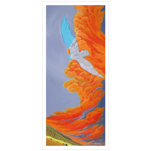 Archival print on matte paper of an ethereal impression of a large bird of prey soaring through bright orange clouds over a colorful contemporary landscape. 