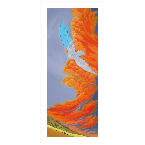 Archival print on matte paper of an ethereal impression of a large bird of prey soaring through bright orange clouds over a colorful contemporary landscape. 