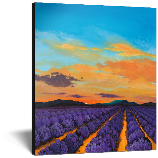 Archival print on canvas of lavender fields, distant mountains, and a vibrant orange and purple sunset.