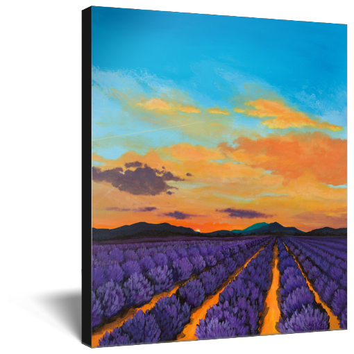 Archival print on canvas of lavender fields, distant mountains, and a vibrant orange and purple sunset. 