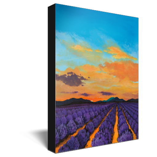 Archival print on canvas of lavender fields, distant mountains, and a vibrant orange and purple sunset. 