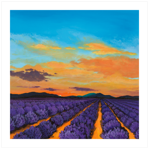 Archival print on canvas of lavender fields, distant mountains, and a vibrant orange and purple sunset. 