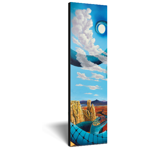 Archival print on canvas of a colorful, contemporary painting of a blue snake in a desert landscape under a cosmic blue sky. 