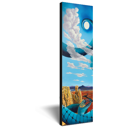 Archival print on canvas of a colorful, contemporary painting of a blue snake in a desert landscape under a cosmic blue sky. 