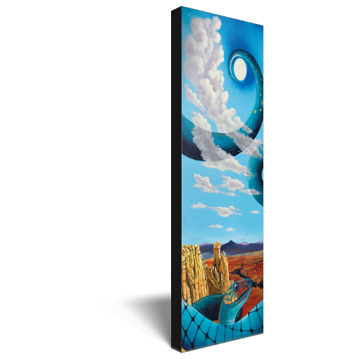 Archival print on canvas of a colorful, contemporary painting of a blue snake in a desert landscape under a cosmic blue sky. 