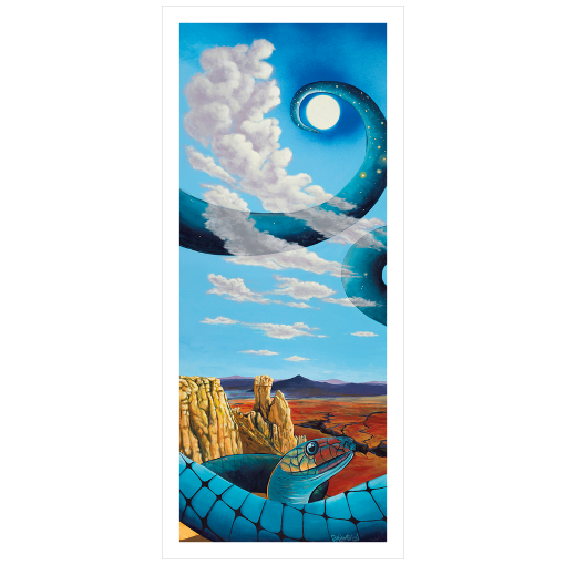 Archival print on matte paper of a colorful, contemporary painting of a blue snake in a desert landscape under a cosmic blue sky.