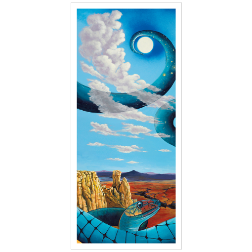 Archival print on matte paper of a colorful, contemporary painting of a blue snake in a desert landscape under a cosmic blue sky.