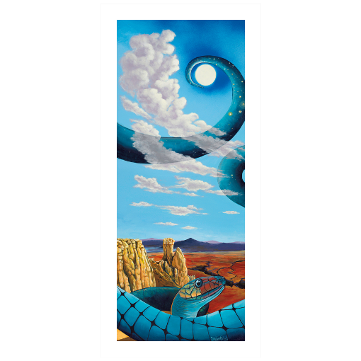 Archival print on matte paper of a colorful, contemporary painting of a blue snake in a desert landscape under a cosmic blue sky.