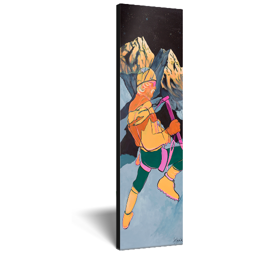 Archival print on canvas of a colorful, contemporary painting of a mountain climber in a winter mountain landscape. 