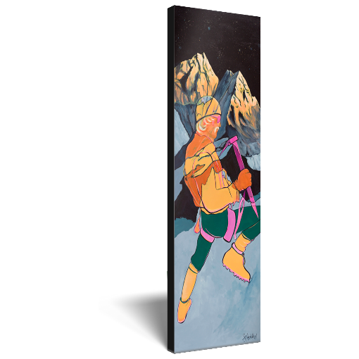 Archival print on canvas of a colorful, contemporary painting of a mountain climber in a winter mountain landscape. 