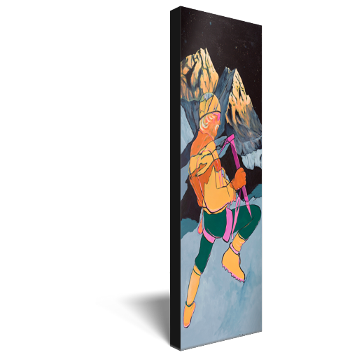 Archival print on canvas of a colorful, contemporary painting of a mountain climber in a winter mountain landscape.
