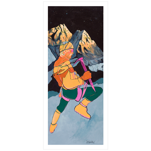 Archival print on matte paper of a colorful, contemporary painting of a mountain climber in a winter mountain landscape. 