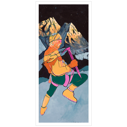 Archival print on matte paper of a colorful, contemporary painting of a mountain climber in a winter mountain landscape.