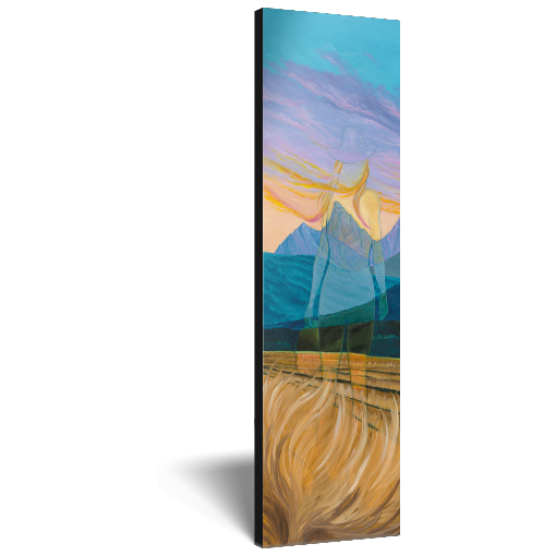 Archival print on canvas of an ethereal impression of a woman standing in a rural landscape with distant blue mountains under a vibrant sky. 
