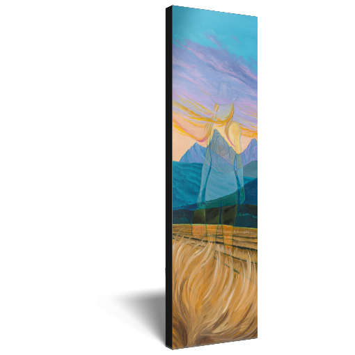 Archival print on canvas of an ethereal impression of a woman standing in a rural landscape with distant blue mountains under a vibrant sky. 