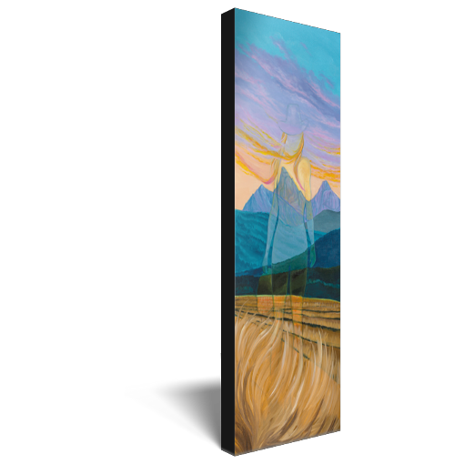 Archival print on canvas of an ethereal impression of a woman standing in a rural landscape with distant blue mountains under a vibrant sky. 