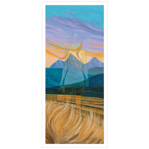 Archival print on matte paper of an ethereal impression of a woman standing in a rural landscape with distant blue mountains under a vibrant sky.