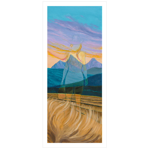 Archival print on matte paper of an ethereal impression of a woman standing in a rural landscape with distant blue mountains under a vibrant sky.
