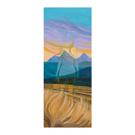 Archival print on matte paper of an ethereal impression of a woman standing in a rural landscape with distant blue mountains under a vibrant sky.