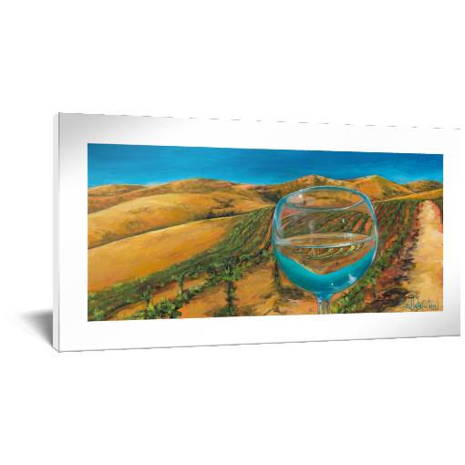Archival print on canvas of a contemporary landscape painting of a rolling vineyard under a turquoise sky refracting in a glass of white wine. 