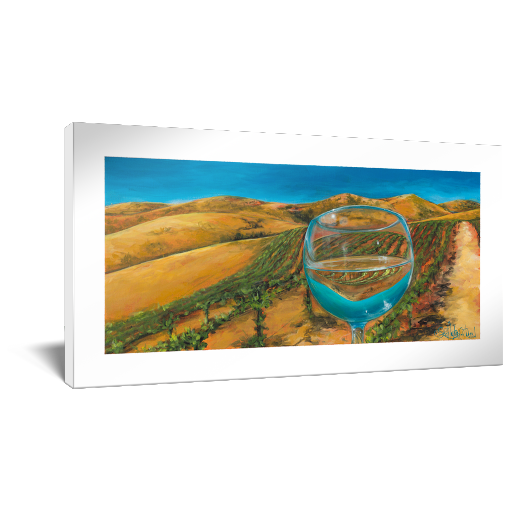 Archival print on canvas of a contemporary landscape painting of a rolling vineyard under a turquoise sky refracting in a glass of white wine. 