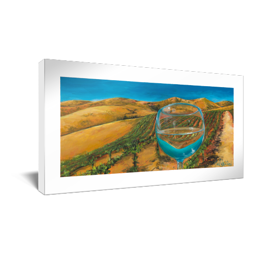 Archival print on canvas of a contemporary landscape painting of a rolling vineyard under a turquoise sky refracting in a glass of white wine. 