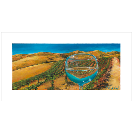 Archival print on matte paper of a contemporary landscape painting of a rolling vineyard under a turquoise sky refracting in a glass of white wine. 