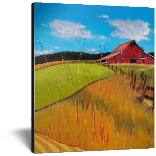 Archival print on canvas of a red barn in a rural landscape with wheat fields under a blue sky.
