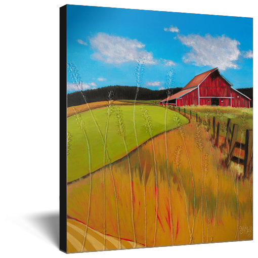 Archival print on canvas of a red barn in a rural landscape with wheat fields under a blue sky.