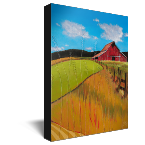 Archival print on canvas of a red barn in a rural landscape with wheat fields under a blue sky.