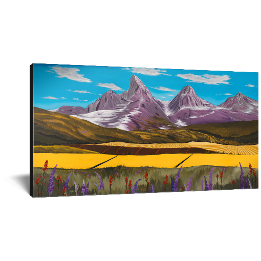 Archival print on canvas of a contemporary snowy mountain landscape painting with purple and red flowers, green and yellow fields, foothills, and the Teton Mountains under a blue sky. 