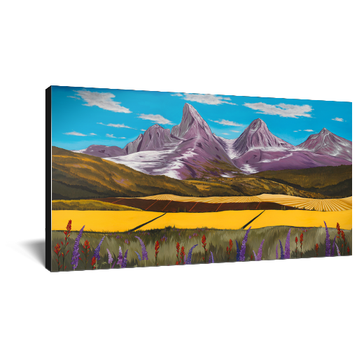 Archival print on canvas of a contemporary snowy mountain landscape painting with purple and red flowers, green and yellow fields, foothills, and the Teton Mountains under a blue sky. 