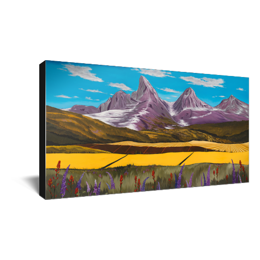 Archival print on canvas of a contemporary snowy mountain landscape painting with purple and red flowers, green and yellow fields, foothills, and the Teton Mountains under a blue sky. 