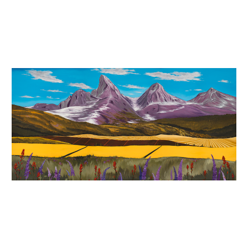 Archival print on matte paper of a contemporary snowy mountain landscape painting with purple and red flowers, green and yellow fields, foothills, and the Teton Mountains under a blue sky. 